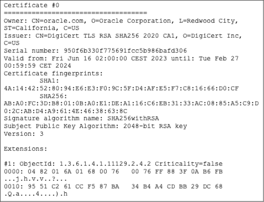 Portion of a CA certificate obtained from a remote SSL server
